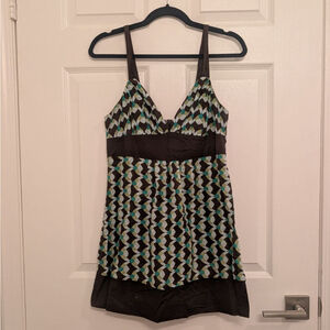 Vintage 90s Y2K Speechless Babydoll Tunic Top Size 7 Brown Teal Geometric